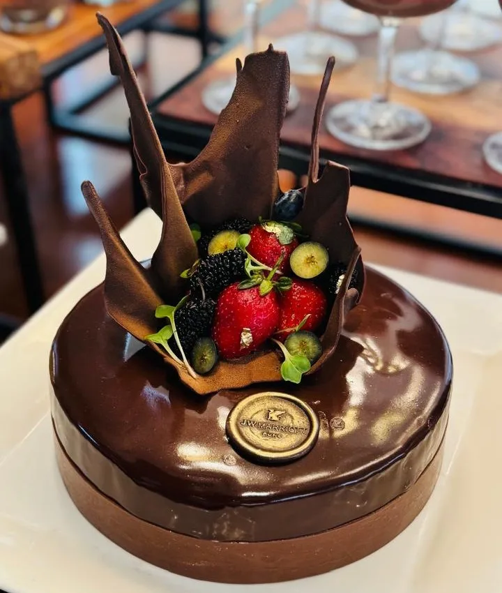 Chocolate dessert finished with a glossy glaze